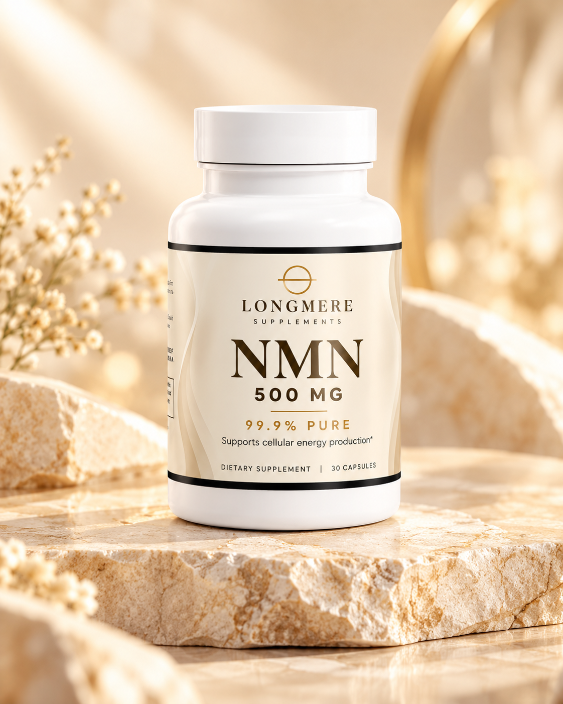 A Longmere NMN capsule on travertine