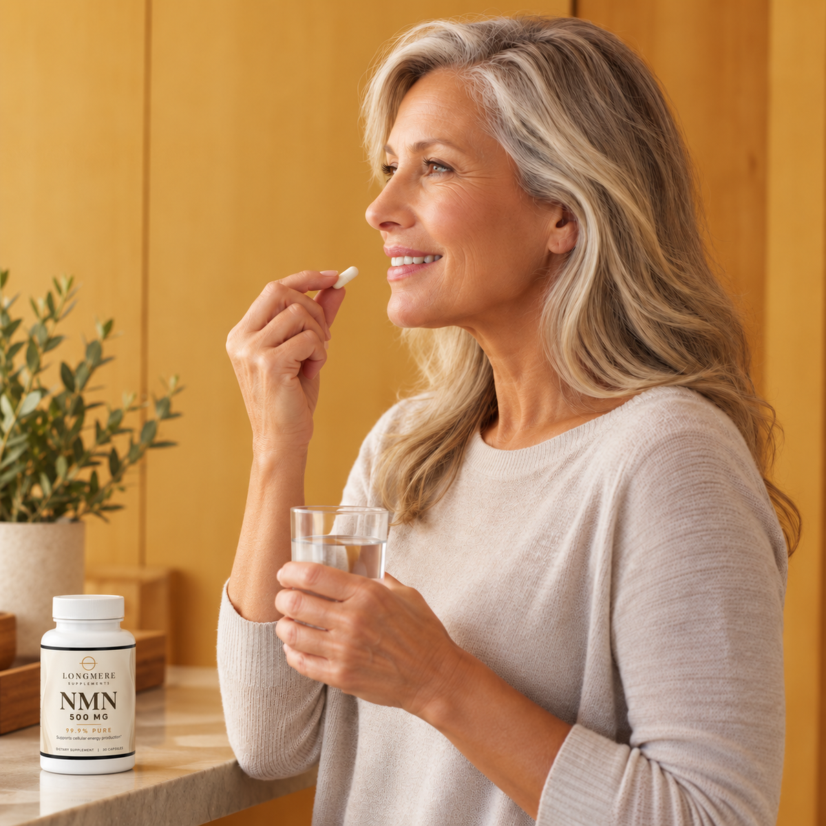 A woman taking her morning Longmere capsule with water